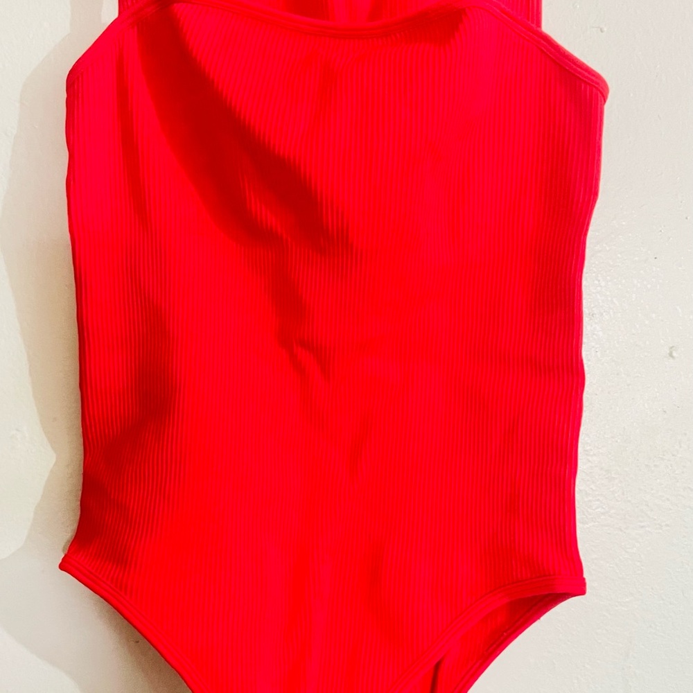 Bright Red Ribbed One-Piece Swimsuit